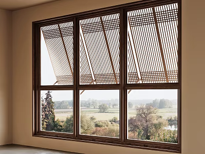 Three Panel Wooden Window With Lattice Design And Scenic Outdoor Nature View 3d model