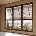 Three Panel Wooden Window With Lattice Design And Scenic Outdoor Nature View