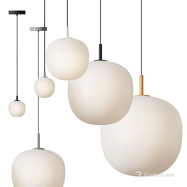Stylish Modern Spherical White Hanging Chandeliers with Different Sizes and Metal Rods 3d model 