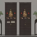 Dark Wooden Decorative Cabinets With Golden Buddha Statues Red Candles And Potted Plants