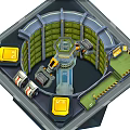 Cartoon Mechanical Sci Fi Scene With Circular Green Panels Yellow Consoles Blue Pathway Warning Stripes