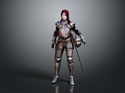 Medieval Weapon Armor With Sword And Helmet On Standing Red Hair Figure 3d model
