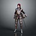 Medieval Weapon Armor With Sword And Helmet On Standing Red Hair Figure