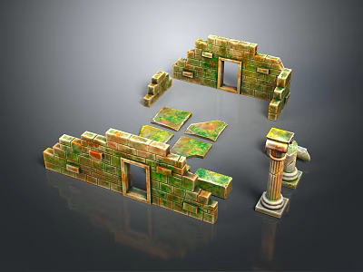 Cartoon Scene Featuring Ancient Style Brick Walls Doors Columns And Floor Tiles 3d model