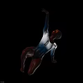 A Woman In Dynamic Dance Pose With Red Blue White Painted Body On Gray Background