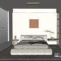 Light Filled Modern Bedroom Interior With Beige Bed Window Blinds And Artwork 3d model