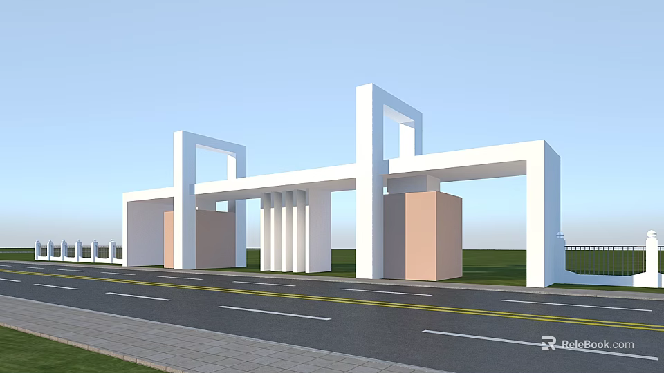 Modern School Entrance Building With White Arch Structures And Columns Front Road And Green Lawn 3d model 