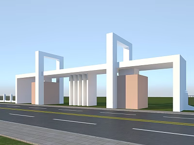 Modern School Entrance Building With White Arch Structures And Columns Front Road And Green Lawn 3d model