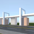 Modern School Entrance Building With White Arch Structures And Columns Front Road And Green Lawn