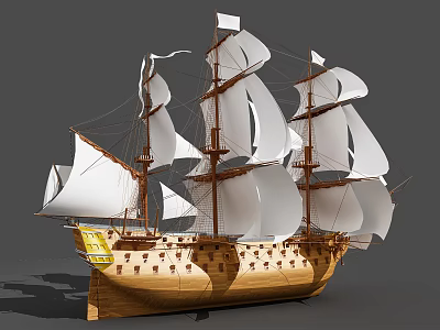 Wooden Sailboat Model With White Sails Multiple Masts And Hull Details 3d model