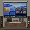 Home Audio Speakers System With Wooden TV Stand And Large Screen TV Setup