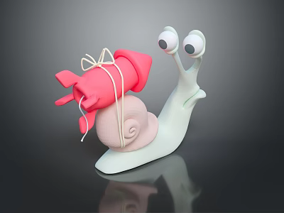 Adorable Reptile Snail With Large Eyes Carrying Pink Wrapped Item Tied With String 3d model