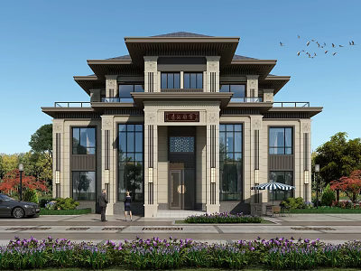 Traditional Chinese Style Detached Villa With Large Glass Windows And Front Garden Greenery 3d model