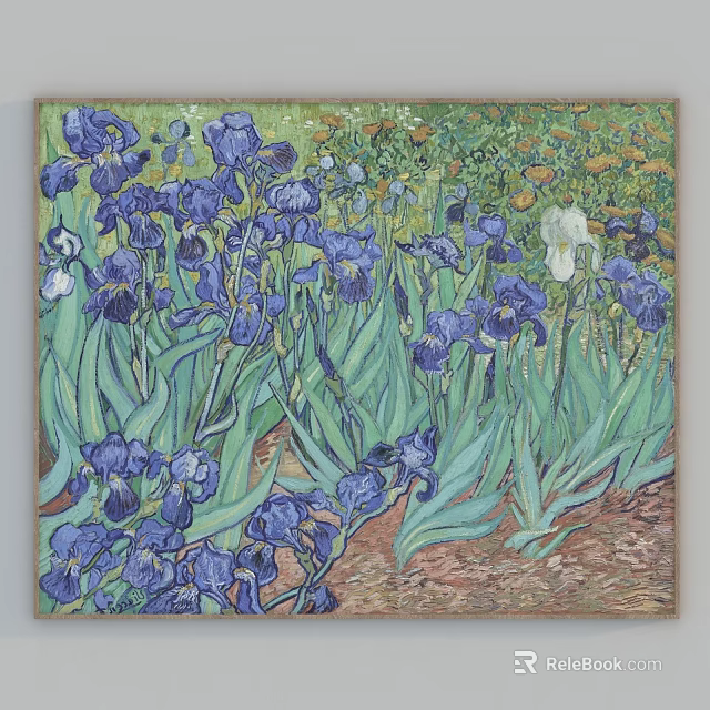 Blue And White Irises Plant Painting With Green Leaves And Yellow Background Flowers 3d model 