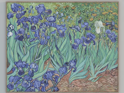 Blue And White Irises Plant Painting With Green Leaves And Yellow Background Flowers 3d model