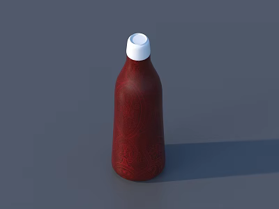 Red Patterned Wine Bottle And Glass With White Cap On Dark Shadowed Surface 3d model
