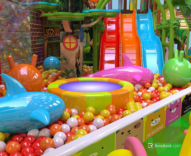 Colorful Landscape Sculptures in Kids Playground with Shark Apple Shapes and Ball Pool 3d model 