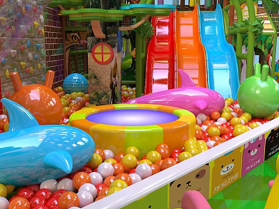 Colorful Landscape Sculptures in Kids Playground with Shark Apple Shapes and Ball Pool 3d model