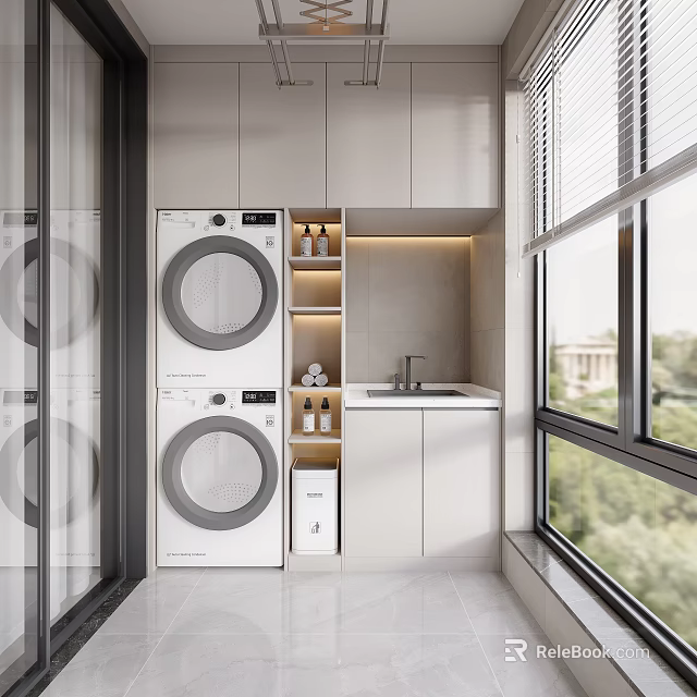 Home Balcony Modern Design With Stacked Washing Machine Dryer Cabinetry Sink And Natural Light 3d model 