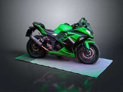 Green Sport Motorcycle With Black Accents On Display Mat Gray Background 3d model