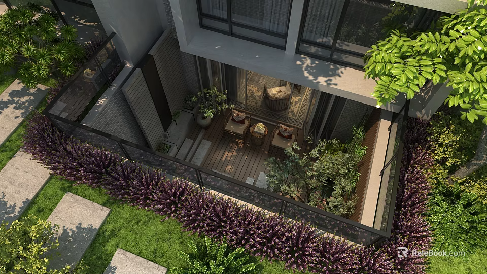 Garden Landscape Design With Layered Greenery Wooden Deck And Decorative Railings 3d model 