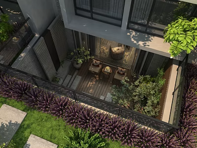 Garden Landscape Design With Layered Greenery Wooden Deck And Decorative Railings 3d model