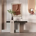 Elegant Console Table With Green Plant And Decorative Figurines On Wall Decor