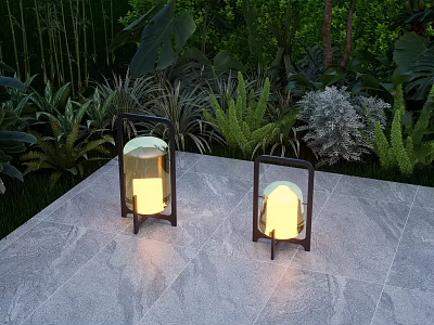Outdoor Lantern Lights With Black Frame Illuminated On Stone Floor Among Green Plants 3d model