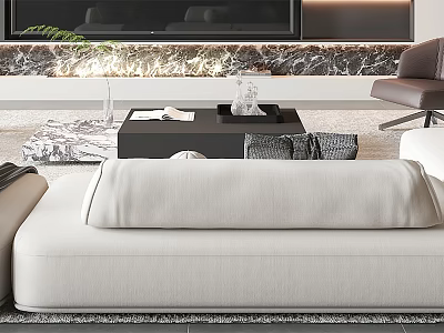 Modern White Sofa and Black Coffee Table Set with Decorative Items and Area Rug 3d model