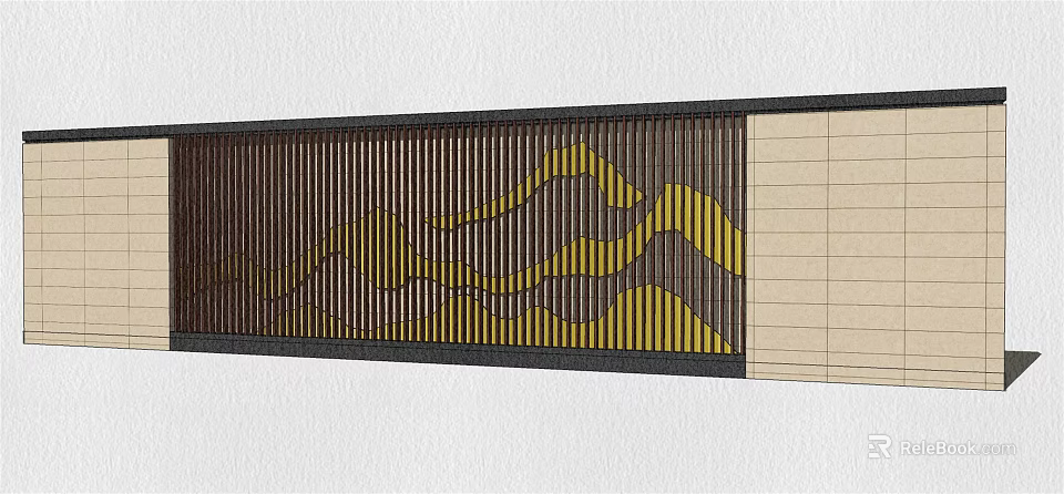 Modern Feature Wall With Vertical Slat Design Yellow Wave Pattern Brown Background And Beige Panel 3d model 