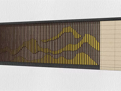 Modern Feature Wall With Vertical Slat Design Yellow Wave Pattern Brown Background And Beige Panel 3d model