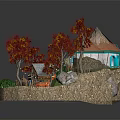 Cartoon Scene With Small Cottages Colorful Trees Small Bridge Stream Slide And Green Plants