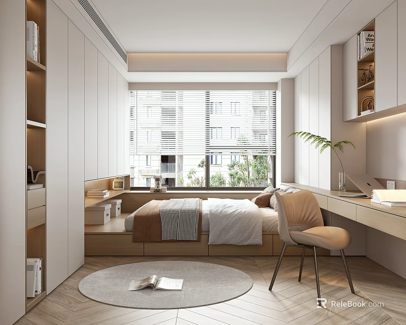 Modern Tatami Bedroom Interior Design With Bookshelves Desk Chair Round Rug And Green Plants 3d model 