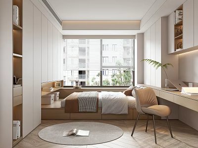 Modern Tatami Bedroom Interior Design With Bookshelves Desk Chair Round Rug And Green Plants 3d model