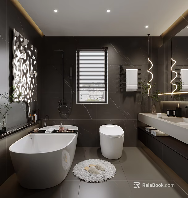 Modern Bathroom Interior Design With Freestanding Bathtub Toilet Vanity Mirror And Window 3d model 