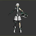 Futuristic Game Movie Character With White Hair Green Black Outfit Holding Tech Weapon
