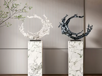 Modern Circular Sculpture Carving With Two White And Black Artworks On Marble Pedestals 3d model