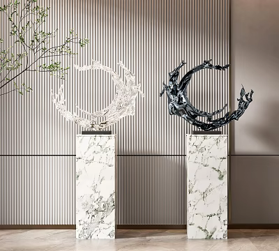 Modern Circular Sculpture Carving With Two White And Black Artworks On Marble Pedestals 3d model