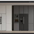 Modern Kitchen Appliances With White And Dark Gray Cabinets Including Refrigerators And Ovens