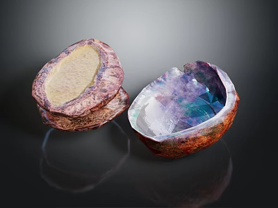 Animal Shells With Brown Purple Texture And Crystal Interior On Black Background 3d model