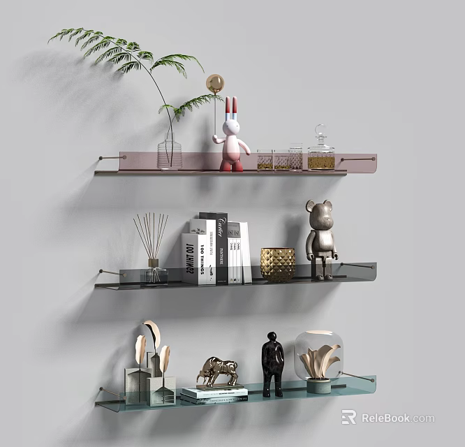 Elegant Modern Decorative Shelf With Books Plants And Figurines 3d model