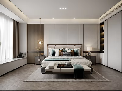 Modern Bedroom Interior With Stylish Bedhead Pillows Nightstands And Area Rug 3d model