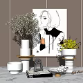 Elegant Decorative Ornament Set With Portrait Painting Vase Green Plants And Books On Marble Tabletop