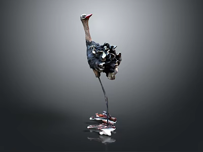 Ostrich Sculpture With Assorted Materials And Artistic Base Structure Design 3d model