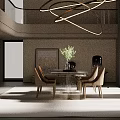 Modern Dining Room Interior With Rectangular Table Beige Chairs And Vase With Greenery 3d model