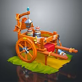 Wooden Functional Cart With Wheels Containers And Tools On Green Grass Base