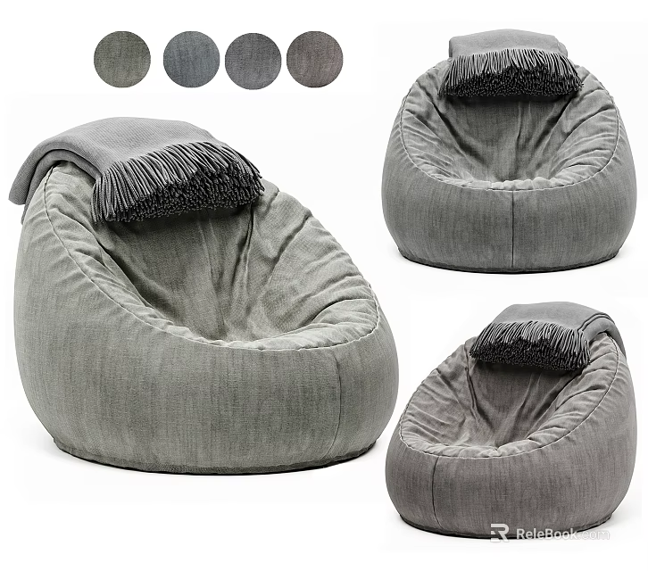 Gray Bean Bag Chair With Fringe Decor Soft Fabric And Multiple Views 3d model 