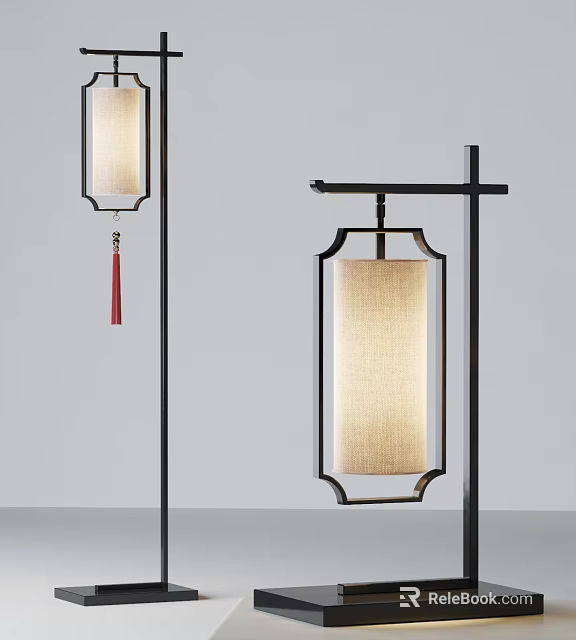 Chinese Style Lighting Combination With Black Metal Frame Beige Lampshade And Red Tassel 3d model 