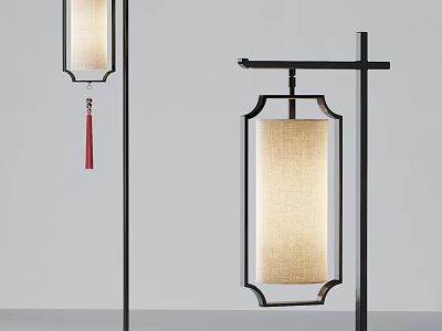Chinese Style Lighting Combination With Black Metal Frame Beige Lampshade And Red Tassel 3d model