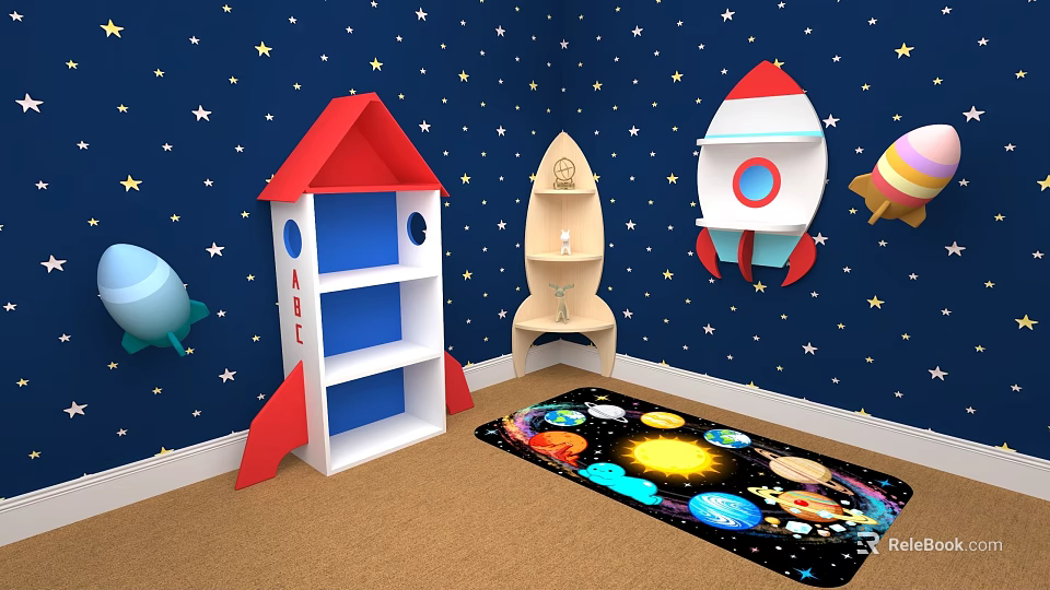 Kids Room Space Theme Storage Shelves With Rocket Boat Shapes Starry Wall And Carpet 3d model 